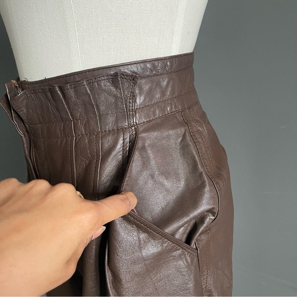 Vintage Brown Genuine Leather High Waist Pleated Pant Straight Leg French Scandi - Picture 3 of 7